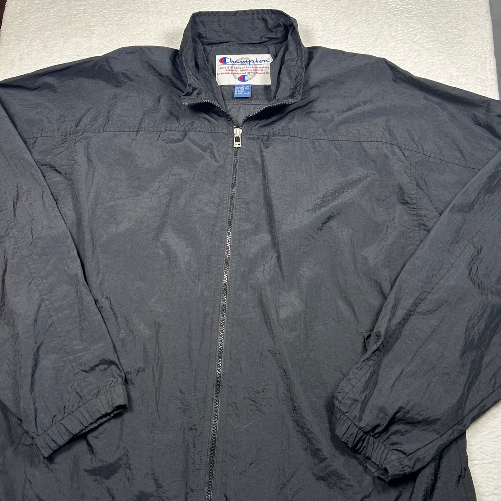 Champion Vintage Windbreaker Jacket Men Large Black Nylon Full Zip Track Coat L